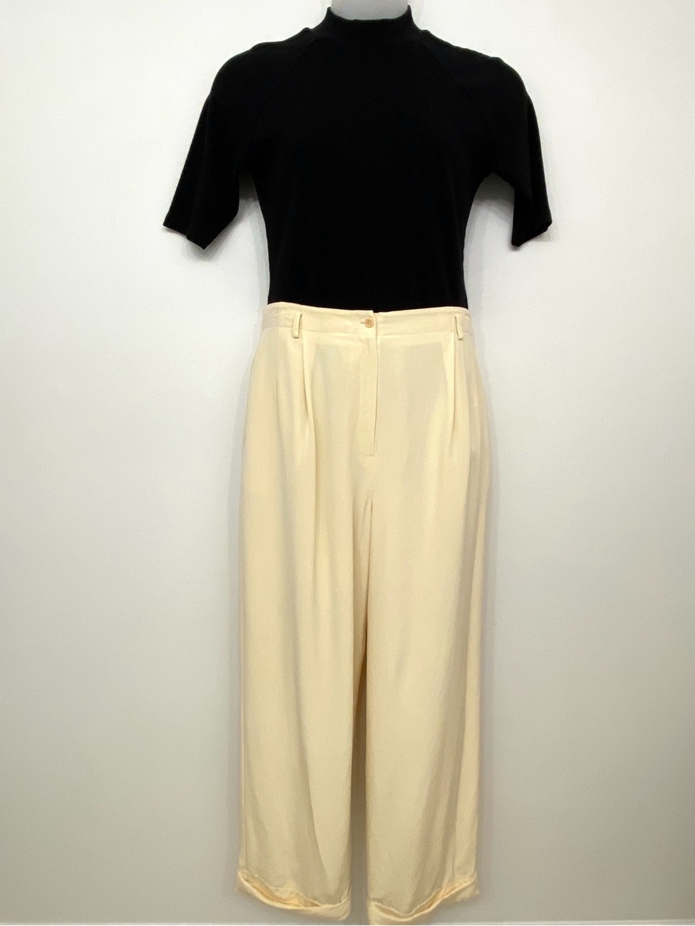 Jones New York 100% Silk Wide Leg Pleated Pants Butter Cream Ivory Sz 14 90s